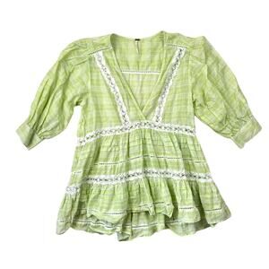 Free People Boho Cottage Core Blouse  Time Out Lace Plaid Lime Tunic Top XS